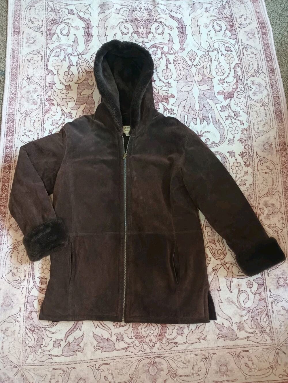 St Johns Bay Womens Penny Lane Suede Leather Fur Lined Jacket M Brown Hood Y2K